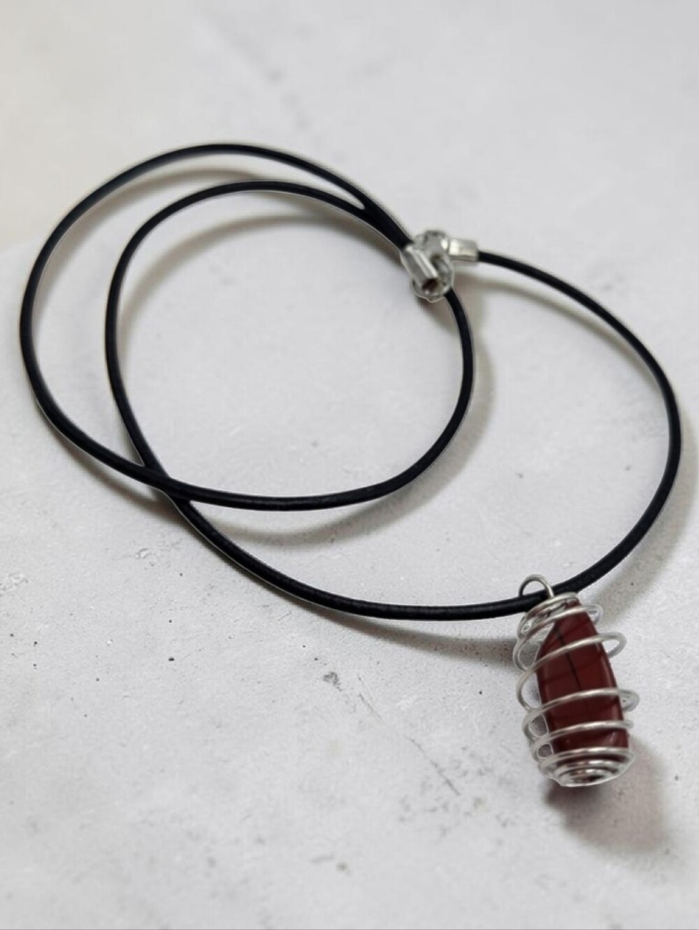 Handmade Red Jasper Stone Pendant in Silver Spiral Cage Necklace